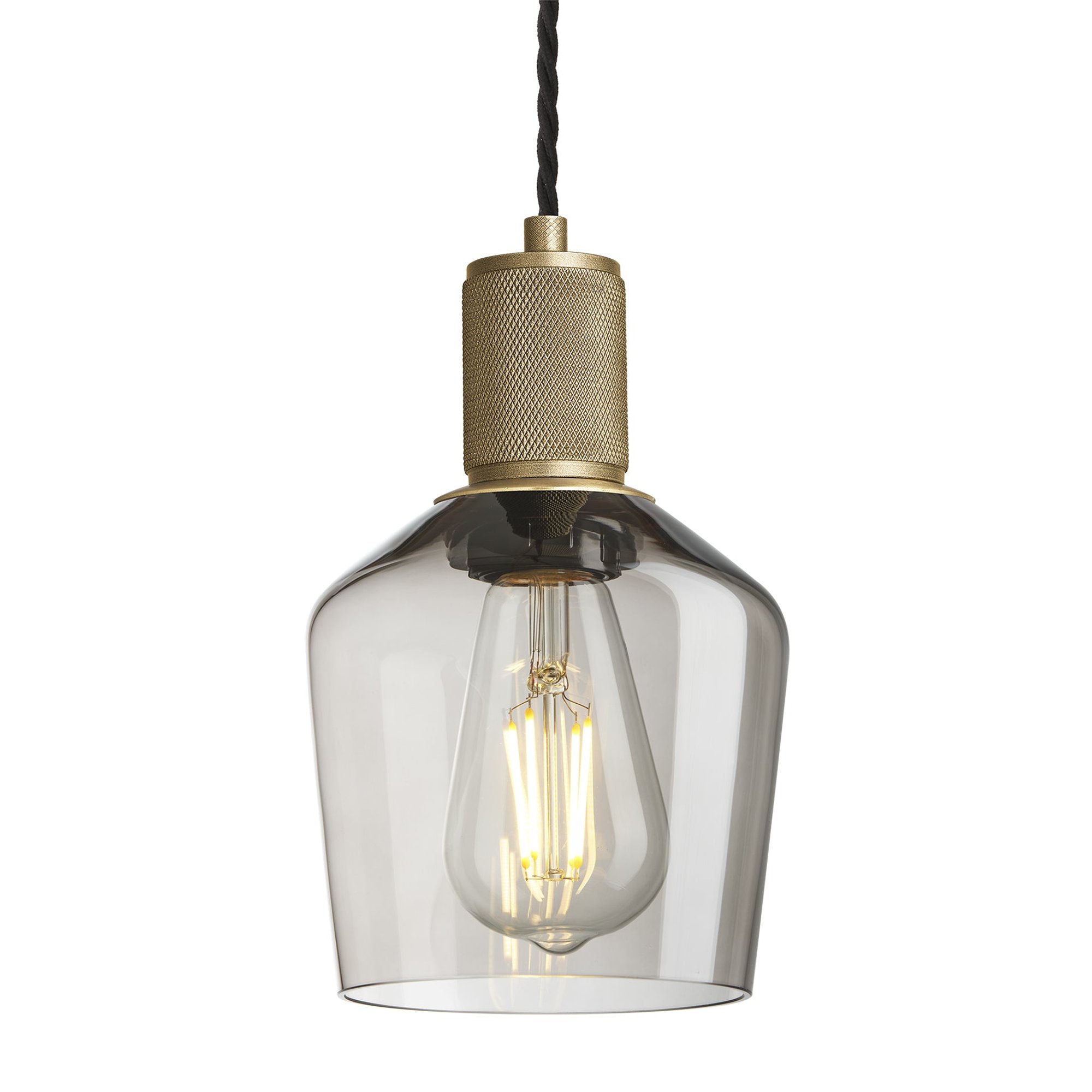 Smoked Glass Mocha with Brass Holder Schoolhouse Pendant Knurled Holder KN-SGL-SHP5-MO-BH