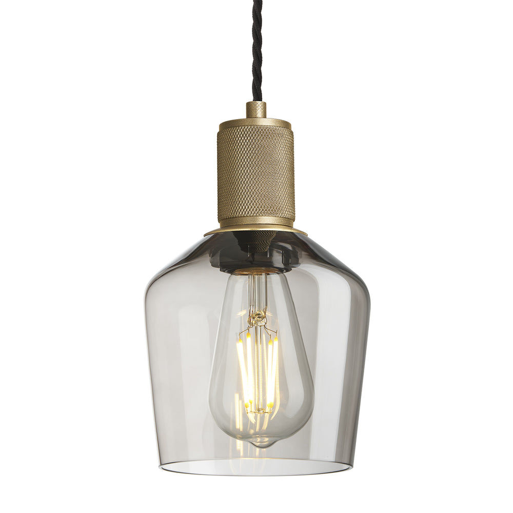 Smoked Glass Mocha with Brass Holder Schoolhouse Pendant Knurled Holder KN-SGL-SHP5-MO-BH