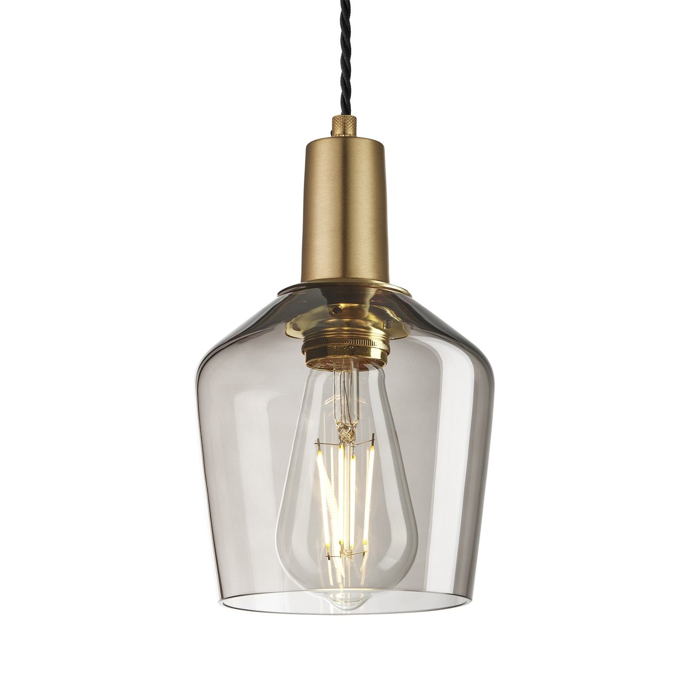 Sleek Smoked Glass Schoolhouse Pendant Lighting in 5.5 Inch with Brass Holder, Product Code is SL-SGL-SHP5-MO-BH