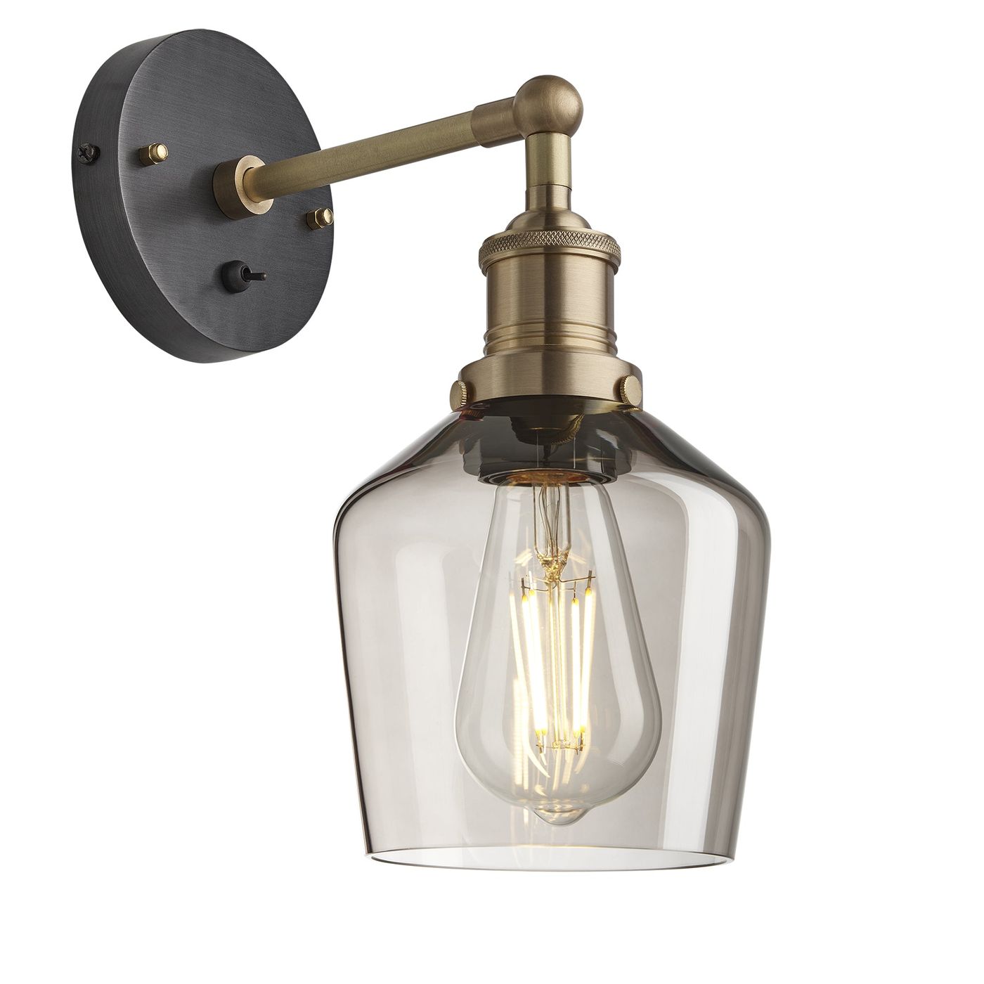 Smoked Glass Mocha with Brass Holder Wall Light Schoolhouse Pewter Holder Brooklyn BR-SGL-SHWL5-MO-BH