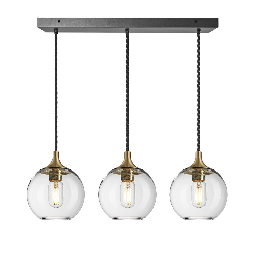 Clear Glass with Brass Holder and Black Ceiling Rose Pendant Cluster Lighting Globe Chelsea CH-GLGL7-3WCL-CL-BH