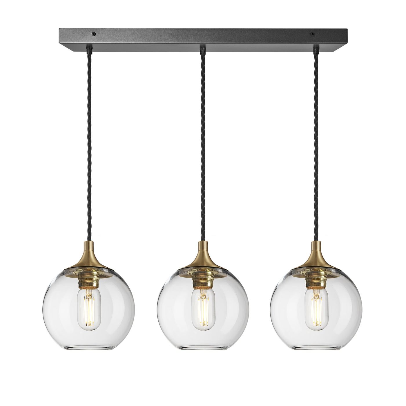 Clear Glass with Brass Holder and Black Ceiling Rose Pendant Cluster Lighting Globe Chelsea CH-GLGL7-3WCL-CL-BH