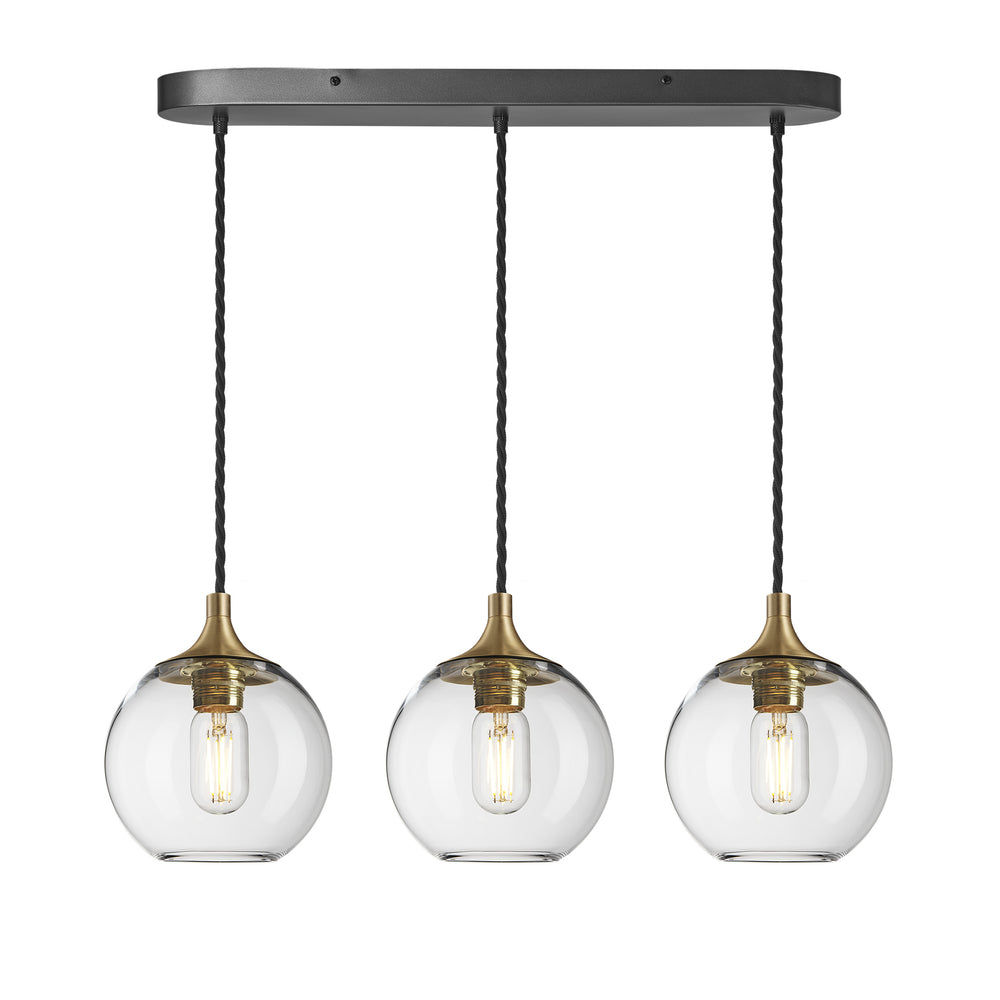 Clear Glass with Brass Holder and Black Oval Ceiling Rose Pendant Cluster Lighting Globe Chelsea CH-GLGL7-3WOCL-CL-BH
