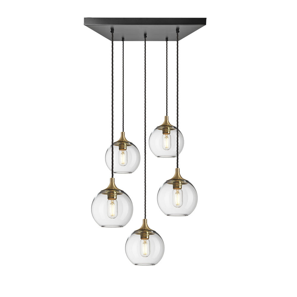 Clear Glass with Brass Holder and Black Square Ceiling Rose Pendant Cluster Lighting Globe Chelsea CH-GLGL7-5WSQCL-CL-BH