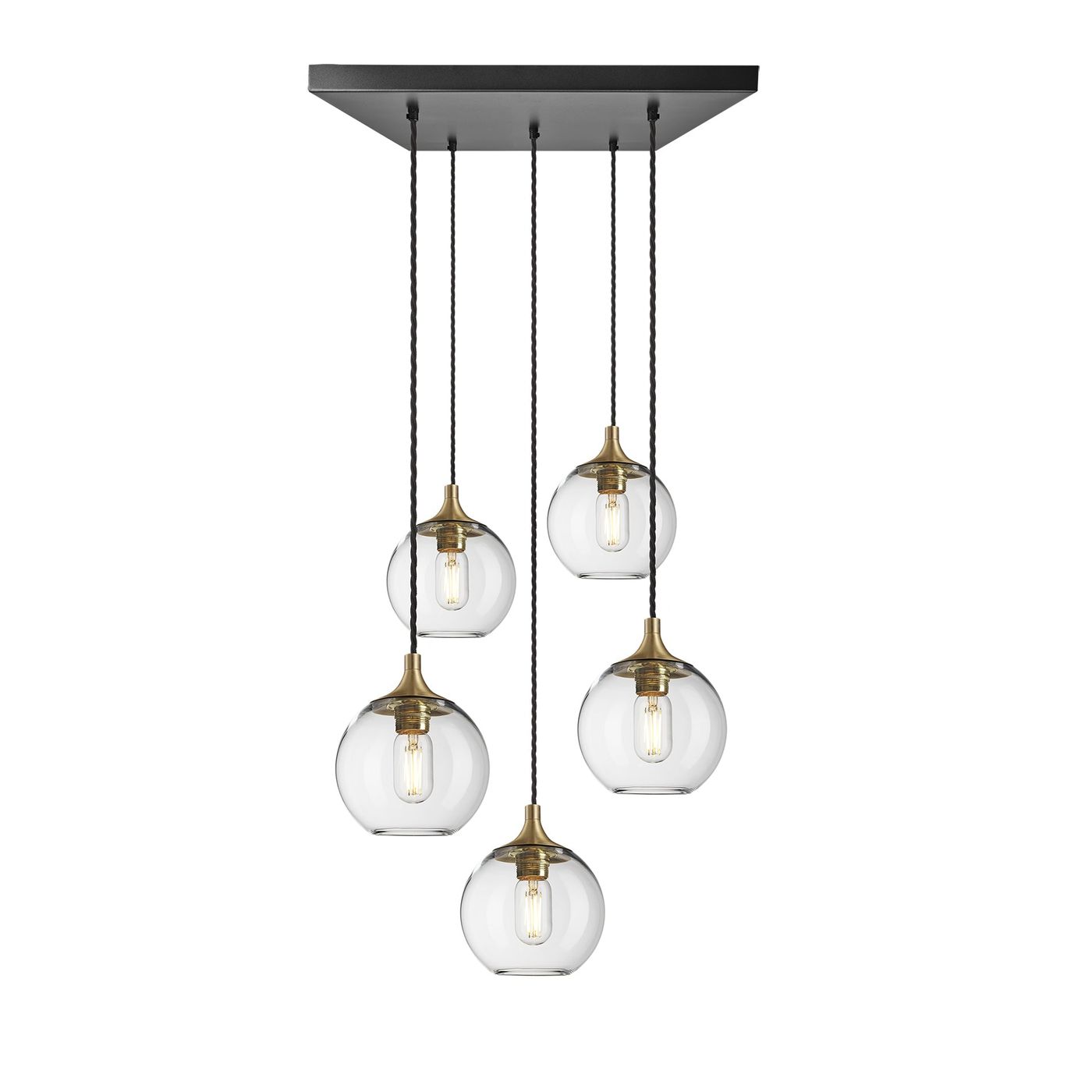 Clear Glass with Brass Holder and Black Square Ceiling Rose Pendant Cluster Lighting Globe Chelsea CH-GLGL7-5WSQCL-CL-BH