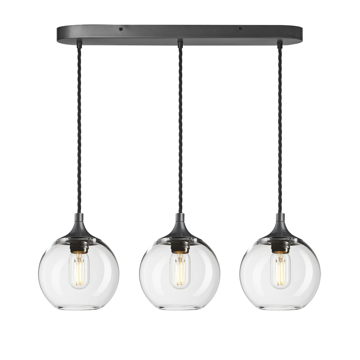 Clear Glass with Pewter Holder and Black Oval Ceiling Rose Pendant Cluster Lighting Globe Chelsea CH-GLGL7-3WOCL-CL-PH