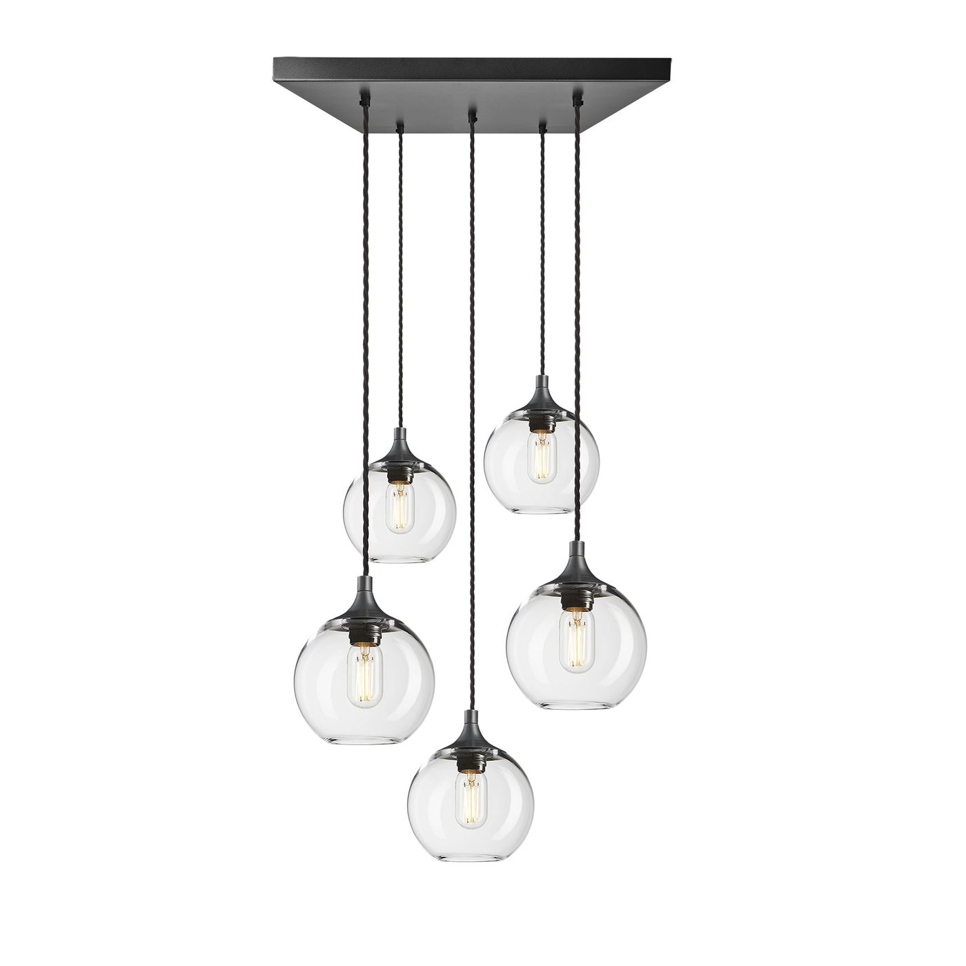 Clear Glass with Pewter Holder and Black Square Ceiling Rose Pendant Cluster Lighting Globe Chelsea CH-GLGL7-5WSQCL-CL-PH