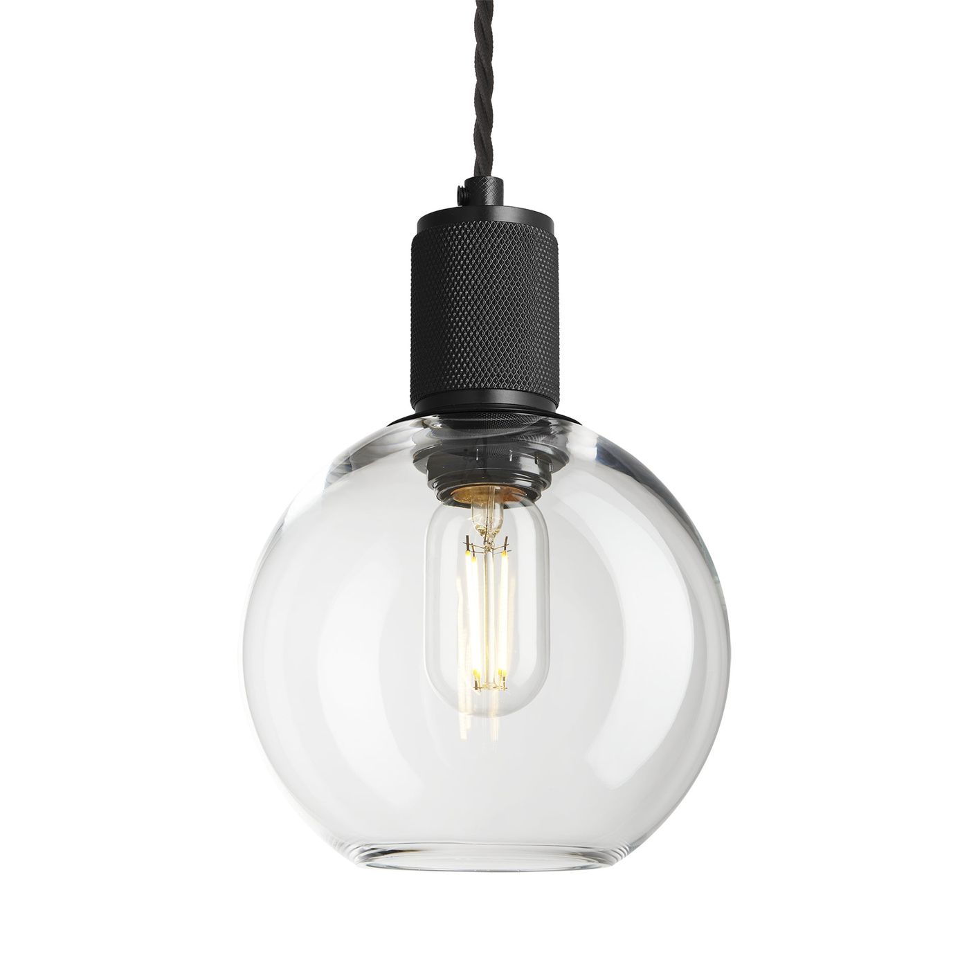 Clear Glass and Black Holder Globe Pendant Knurled Holder KN-GLGLP7-CL-BKH