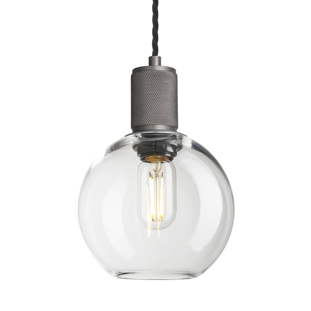 Clear Glass and Pewter Holder Globe Pendant Knurled Holder KN-GLGLP7-CL-PH