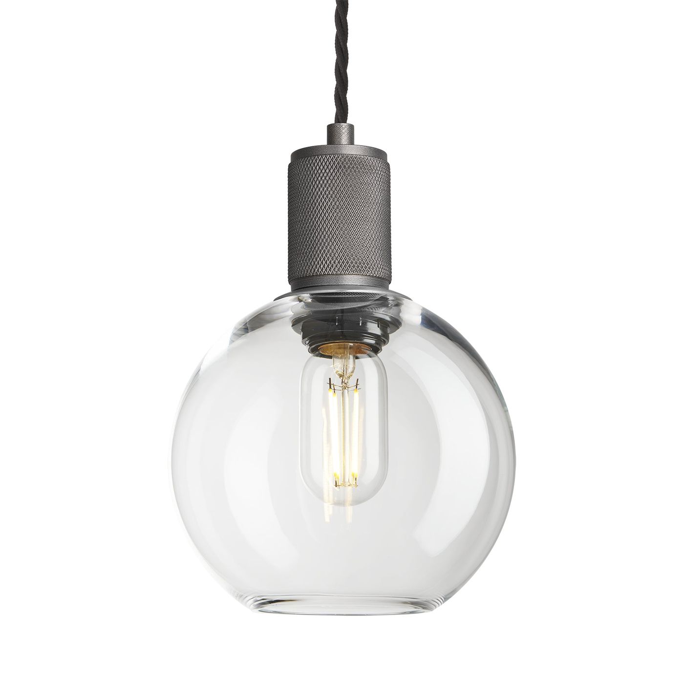 Clear Glass and Pewter Holder Globe Pendant Knurled Holder KN-GLGLP7-CL-PH