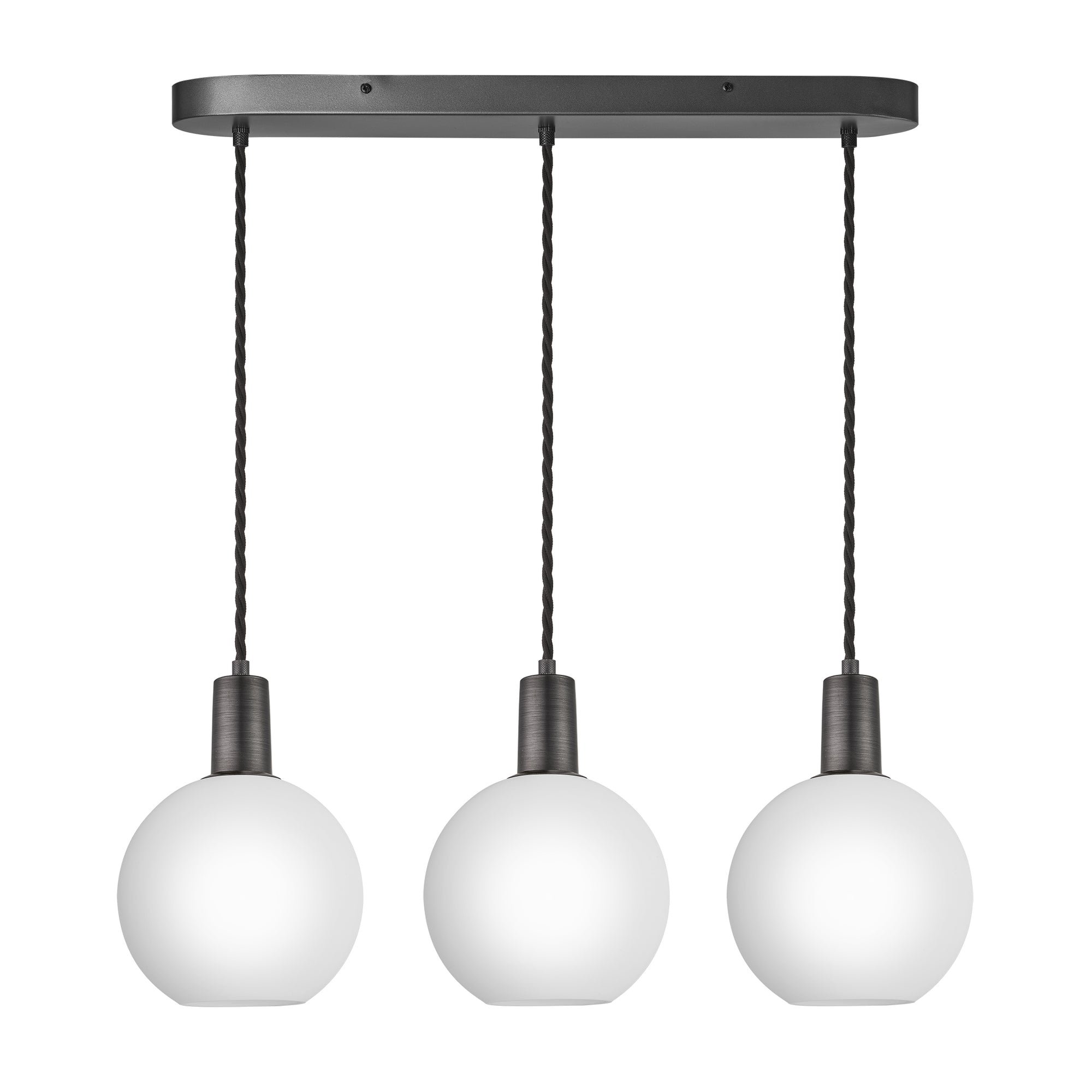 3 Wire Sleek White Opal Glass Globe Oval Cluster Lights in 7 inch with Pewter Holders Industville SL-OGL-GL7-3WOCL-W-PH