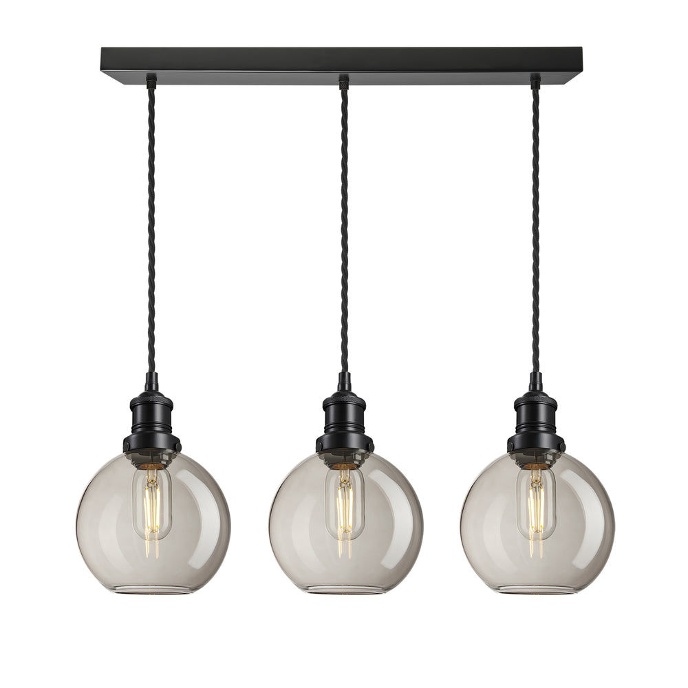 Smoked Glass Mocha Globe with Black Holder Brooklyn 3 Wire Cluster Lights - 7 Inch - BR-SGL-GL7-3WCL-MO-BKH
