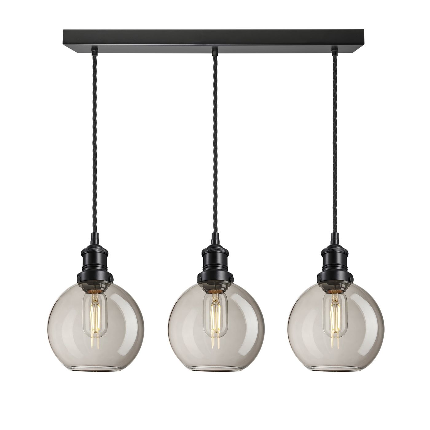 Smoked Glass Mocha Globe with Black Holder Brooklyn 3 Wire Cluster Lights - 7 Inch - BR-SGL-GL7-3WCL-MO-BKH