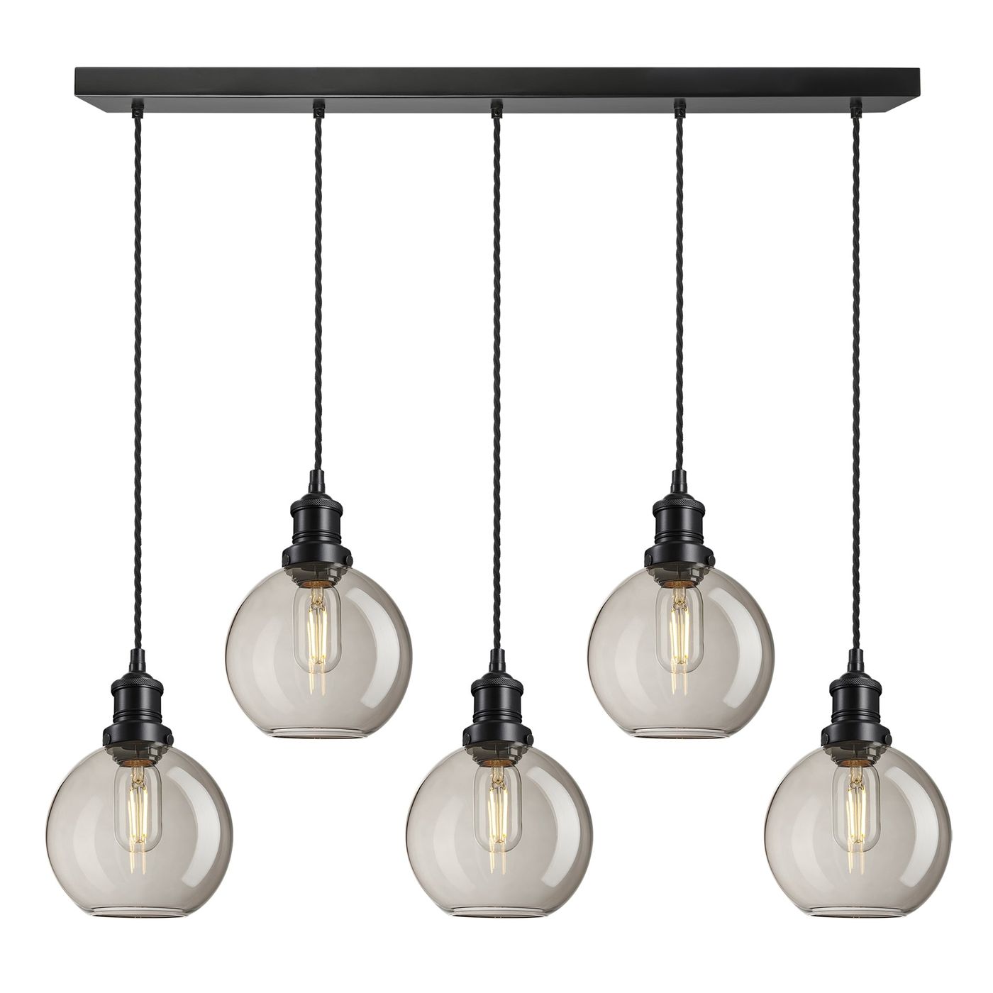 Smoked Glass Mocha Globe with Black Holder Brooklyn 5 Wire Cluster Lights - 7 Inch - BR-SGL-GL7-5WCL-MO-BKH