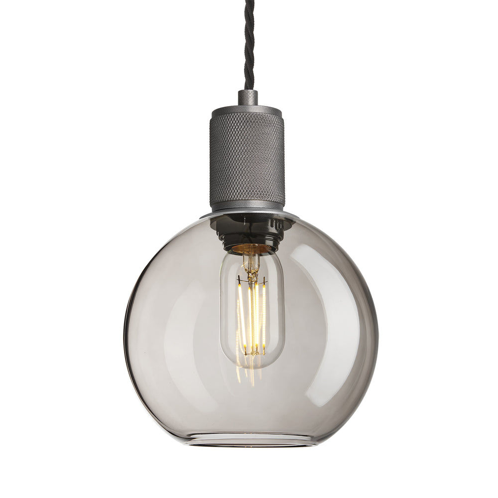 Smoked Glass Mocha with Pewter Holder Globe Pendant Knurled Holder KN-SGL-GLP7-MO-PH