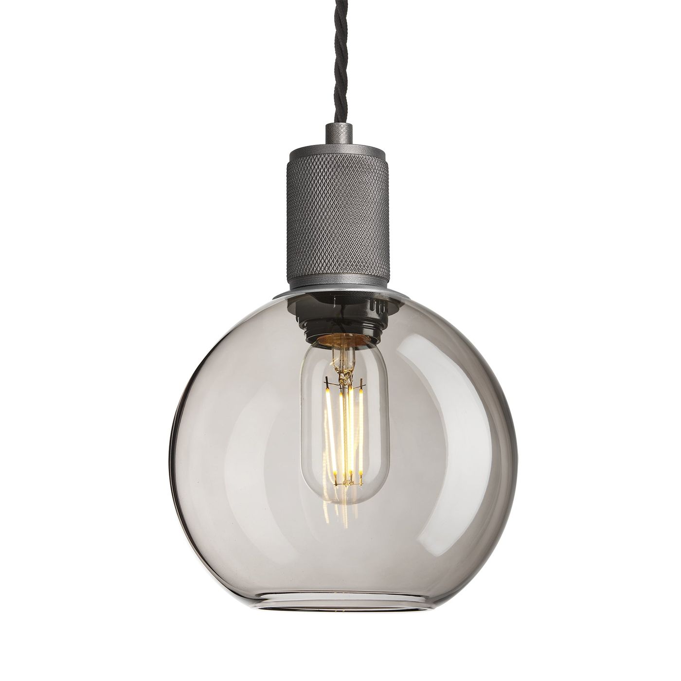 Smoked Glass Mocha with Pewter Holder Globe Pendant Knurled Holder KN-SGL-GLP7-MO-PH