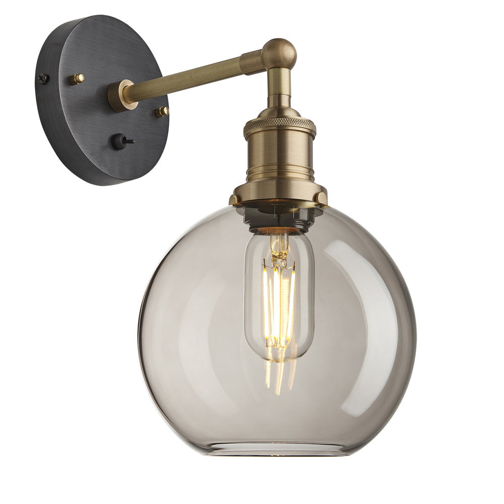 Smoked Glass Mocha with Brass Holder Globe Wall Light Brooklyn BR-SGL-GLWL7-MO-BH