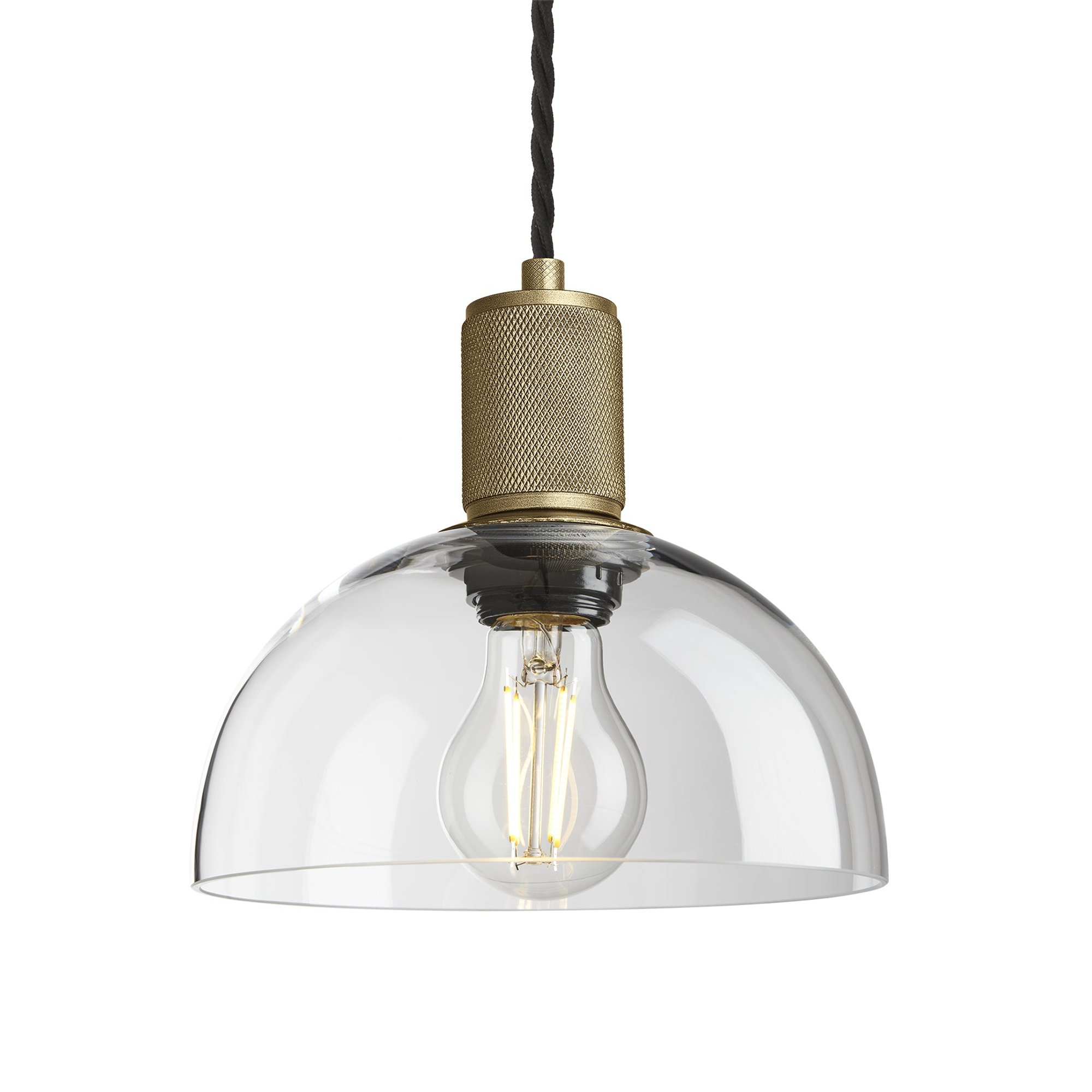 Clear Glass and Brass Holder Dome Pendant Knurled Holder KN-GLDP8-CL-BH