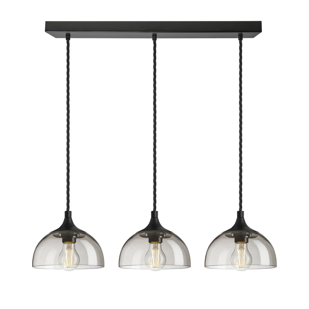 Smoked Glass Mocha with Black Holder and Rectangle Ceiling Rose Pendant Dome Chelsea Cluster Light CH-SGL-D8-3WCL-MO-BKH