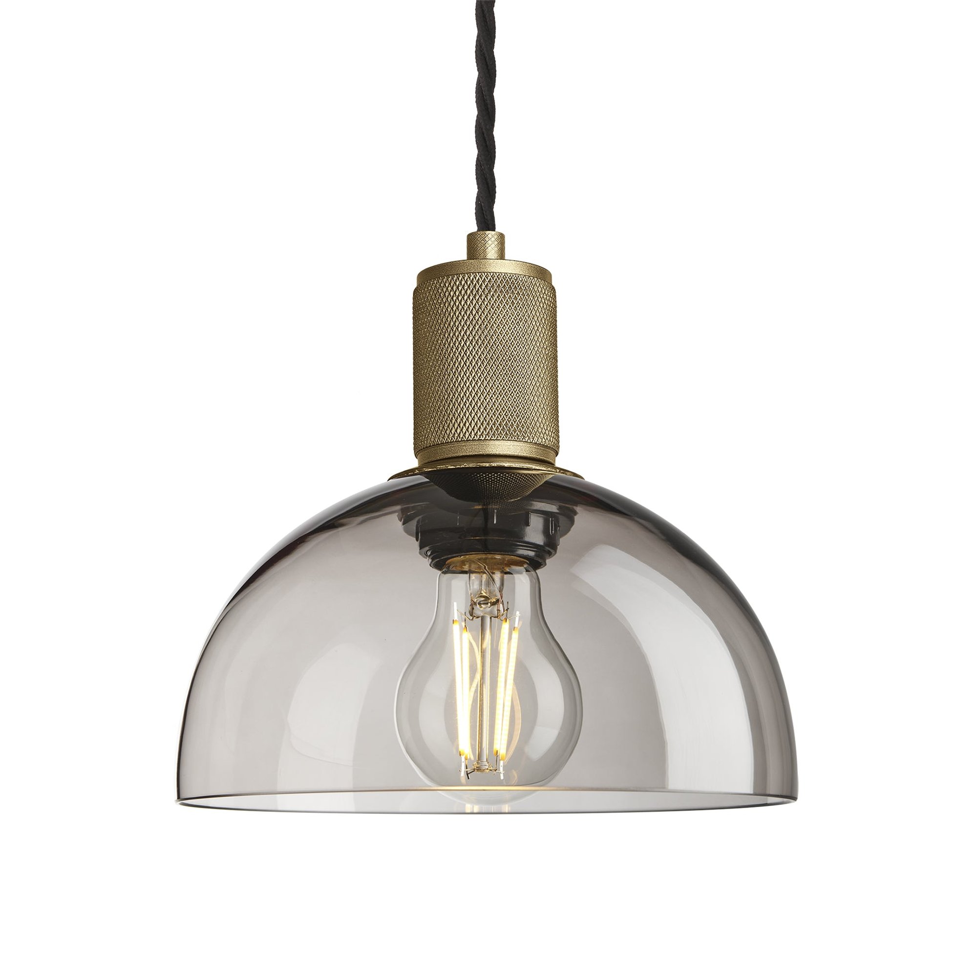 Smoked Glass Mocha with Brass Holder Dome Pendant Knurled Holder KN-SGL-DP8-MO-BH