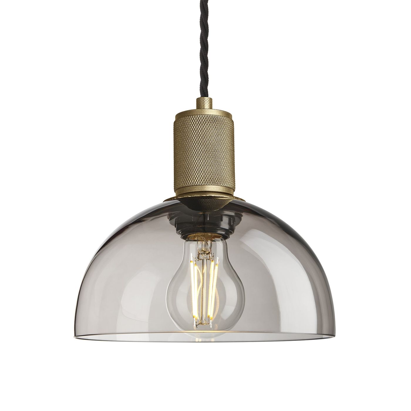 Smoked Glass Mocha with Brass Holder Dome Pendant Knurled Holder KN-SGL-DP8-MO-BH