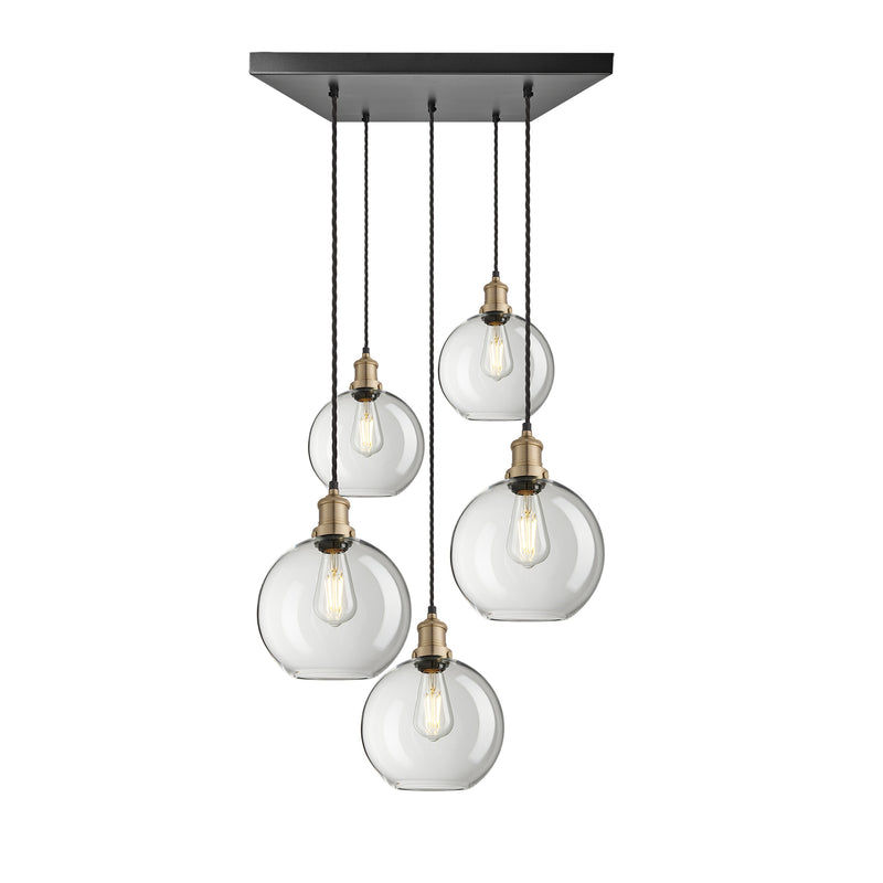 5 Wire Brooklyn Glass Globe Cluster Lights in 9 inch with Brass Pendant Holder, Product Code BR-GLGL9-5WSQCL-CL-BH