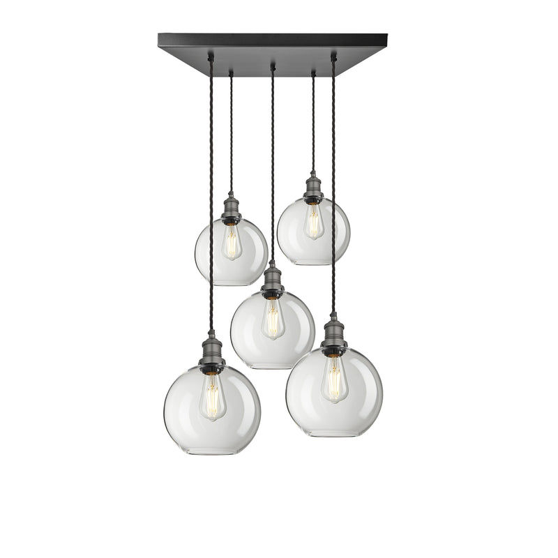 5 Wire Brooklyn Glass Globe Cluster Lights in 9 inch with Pewter Pendant Holder, Product Code BR-GLGL9-5WSQCL-CL-PH