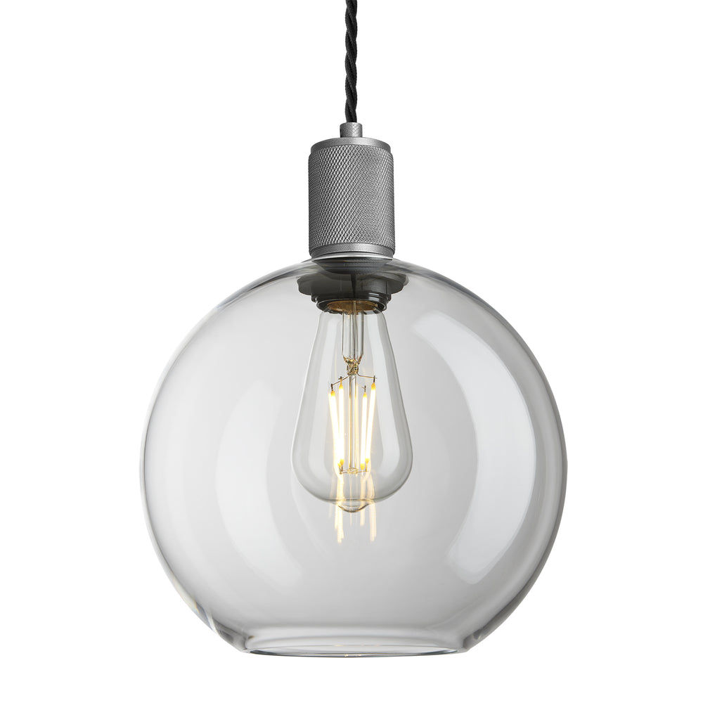 Clear Glass and Pewter Holder Globe Pendant Knurled Holder KN-GLGLP9-CL-PH