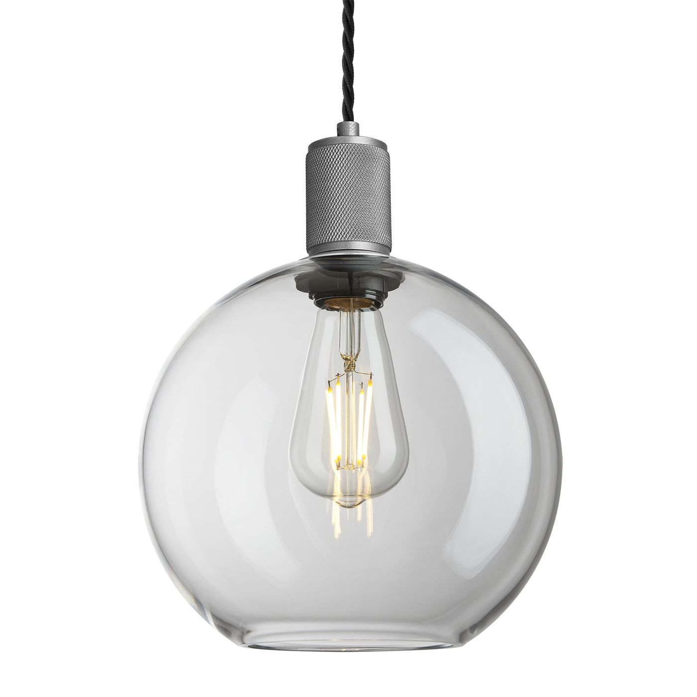 Clear Glass and Pewter Holder Globe Pendant Knurled Holder KN-GLGLP9-CL-PH