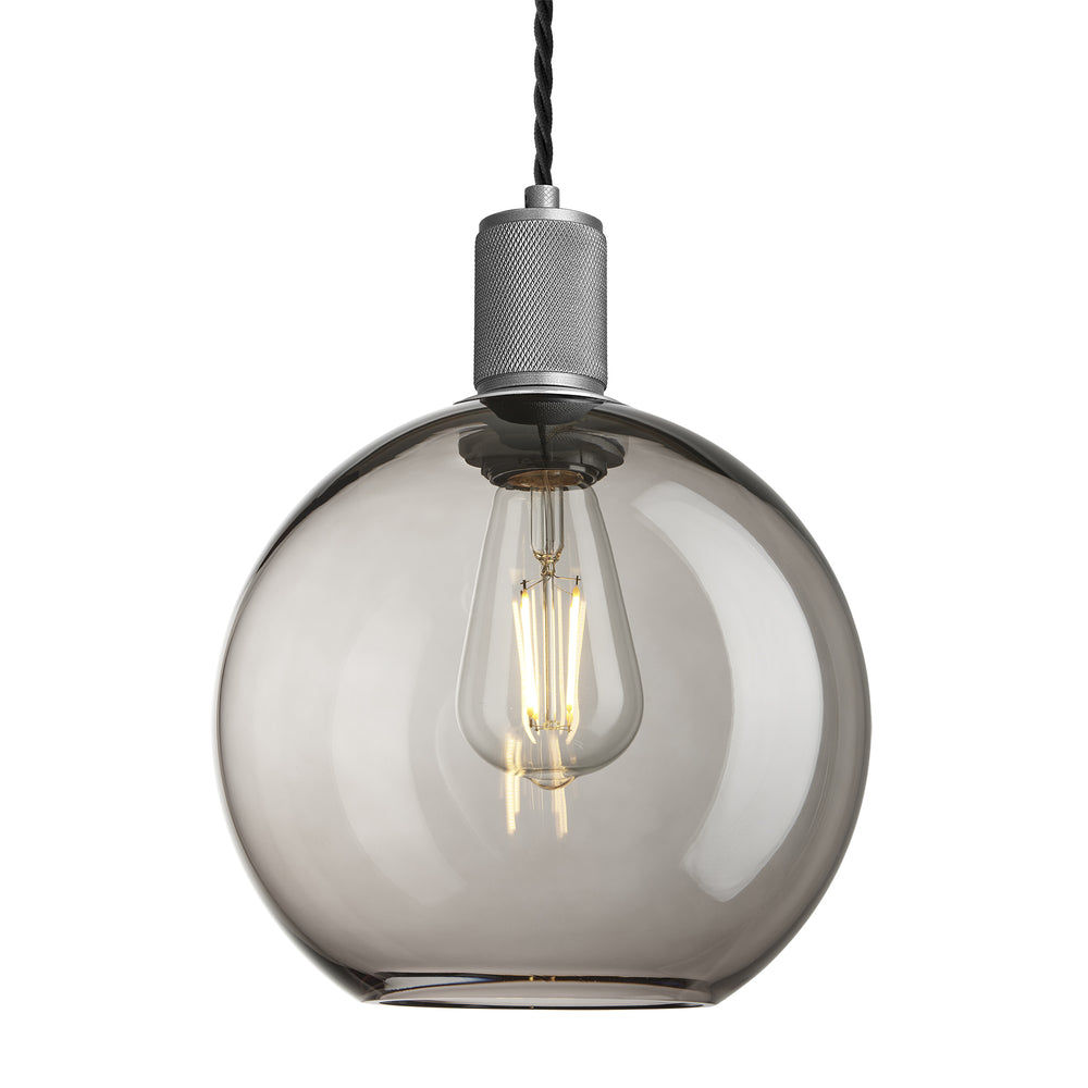 Smoked Glass Mocha with Pewter Holder Globe Pendant Knurled Holder KN-SGL-GLP9-MO-BH