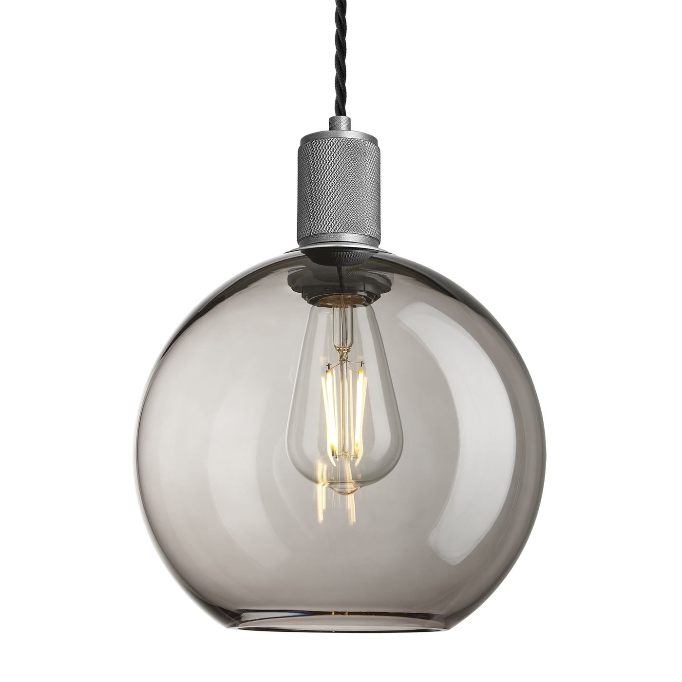 Smoked Glass Mocha with Pewter Holder Globe Pendant Knurled Holder KN-SGL-GLP9-MO-BH