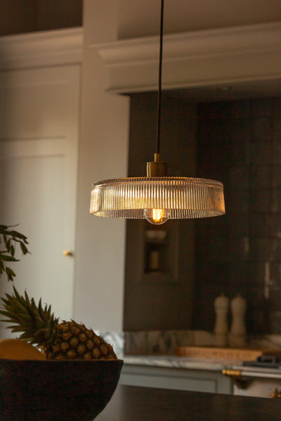 Albany Glass Ribbed Dish Pendant Light - 12 Inch - Clear - Voucher Applicable - Industville Lighting UK