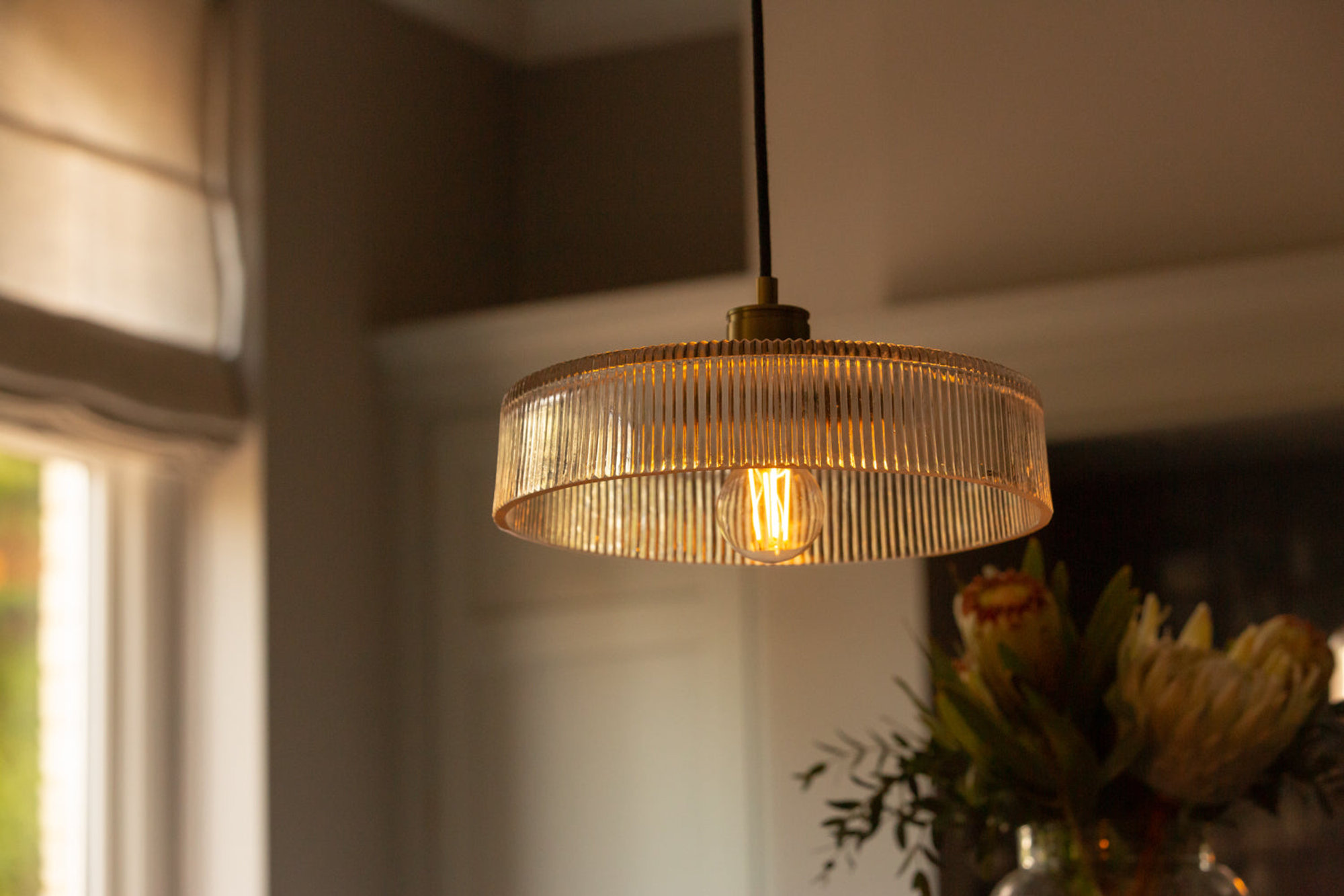 Albany Clear Glass Ribbed Dish Pendant Light in 12 Inch with Brass Holder