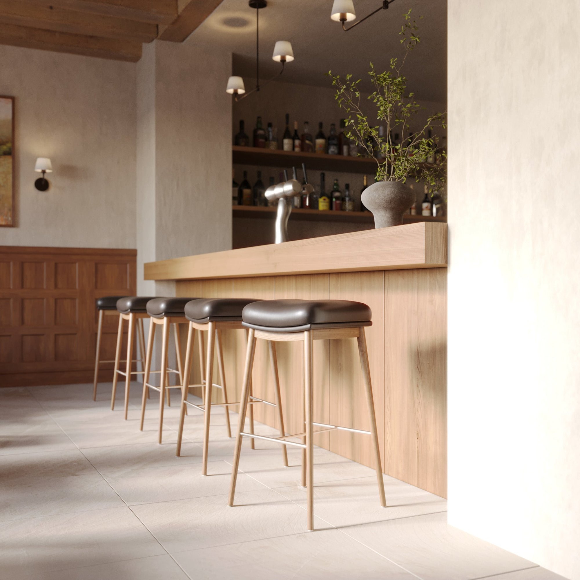 Auburn Wooden Counter Height Stool in Natural Ash Wood with Brown Leather, Product Code AU-BK-WO-CH-ST-BR