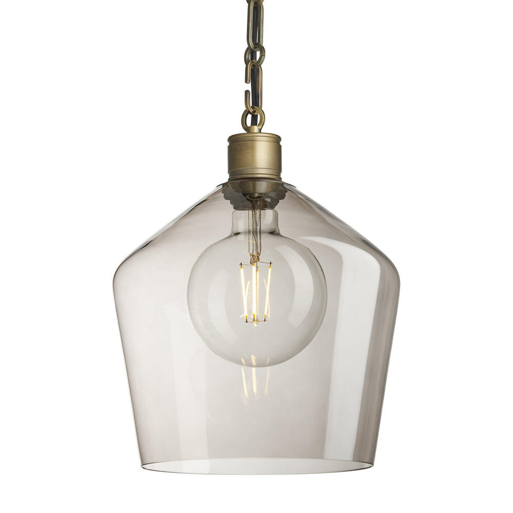 Albany Chain Smoked Glass Schoolhouse Pendant Light in 10 Inch with Brass Holder