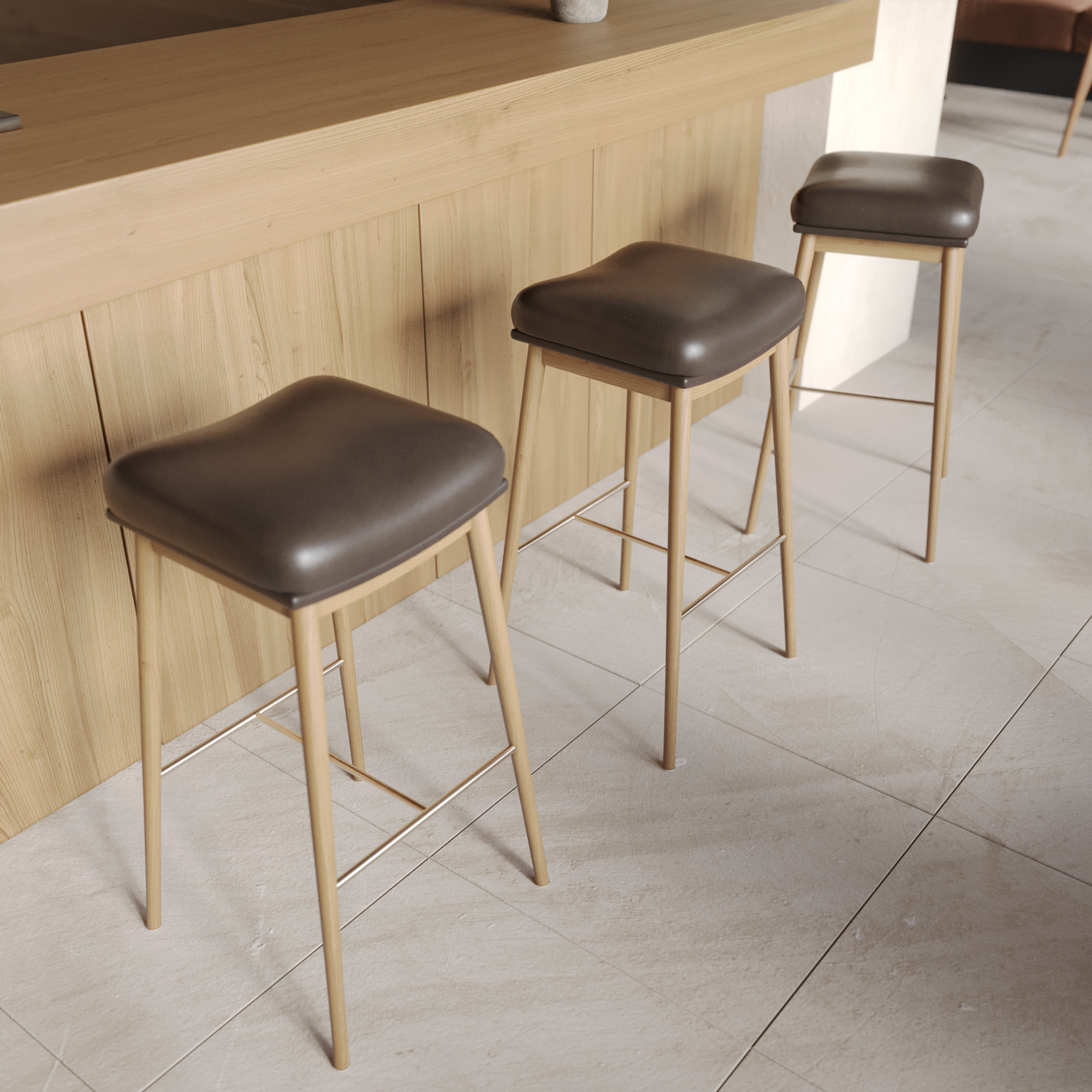 Auburn Wooden Counter Height Stool in Natural Ash Wood with Brown Leather, Product Code AU-BK-WO-CH-ST-BR