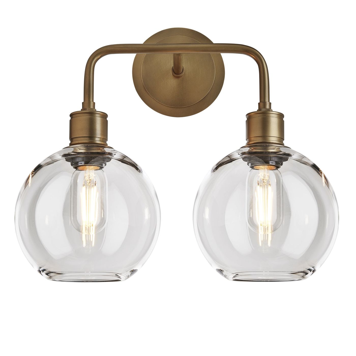 Albany Glass Globe Double Wall Light - 7 Inch - Clear, featuring two round glass globes with a brass finish, front view