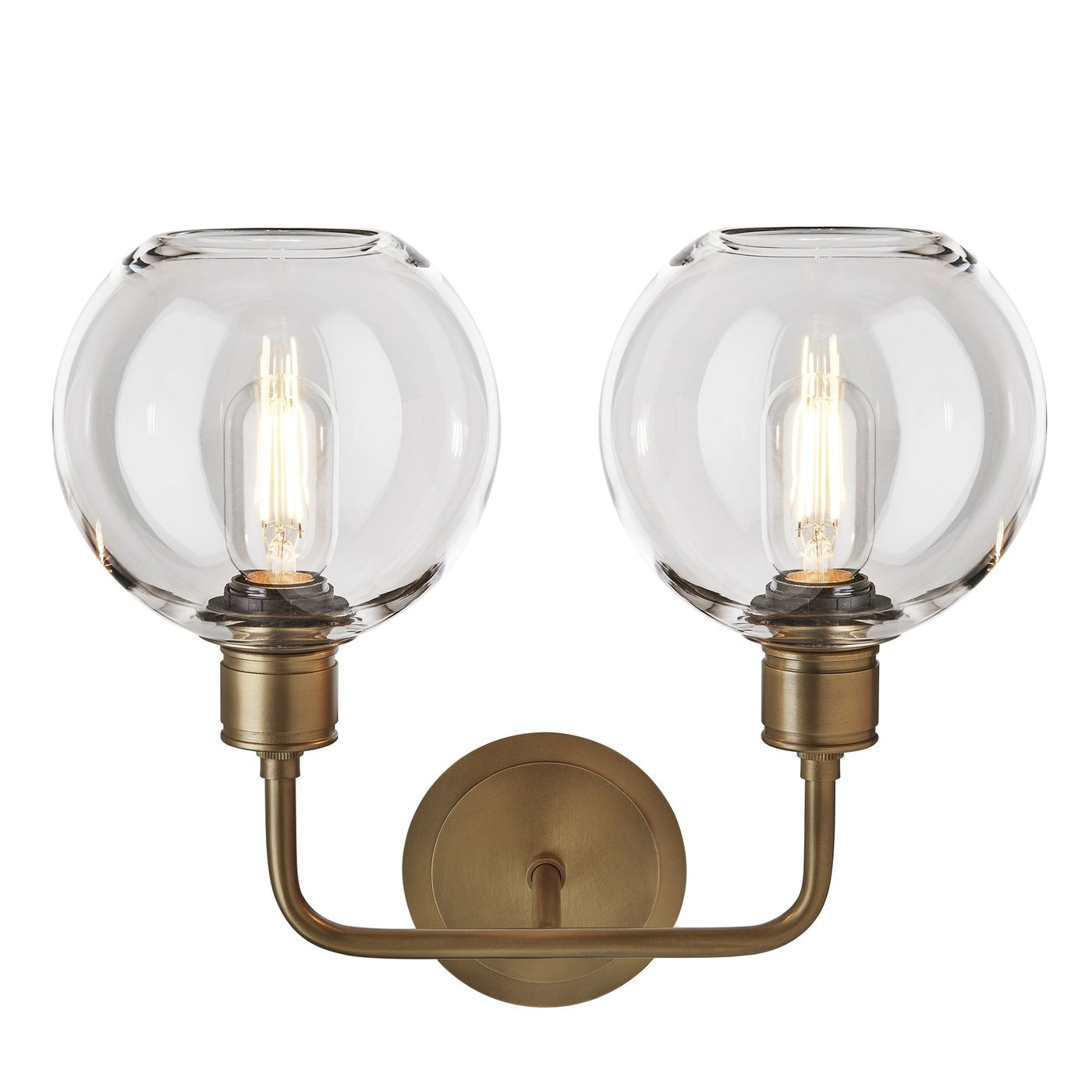 Albany Glass Globe Double Wall Light - 7 Inch - Clear, featuring two round glass globes facing upwards with a brass finish, front view