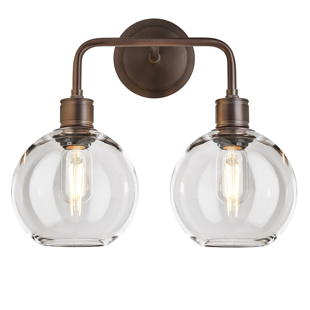 Albany Glass Globe Double Wall Light - 7 Inch - Clear, featuring two round glass globes with a bronze finish, front view