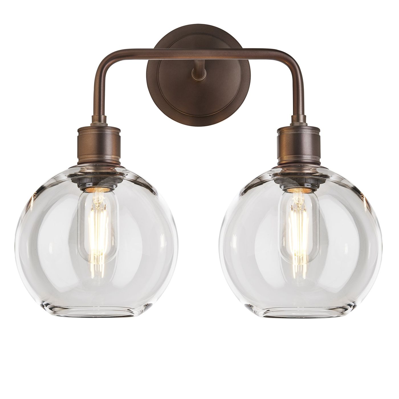 Albany Glass Globe Double Wall Light - 7 Inch - Clear, featuring two round glass globes with a bronze finish, front view