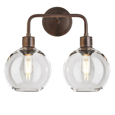 Albany Glass Globe Double Wall Light - 7 Inch - Clear, featuring two round glass globes with a bronze finish, front view