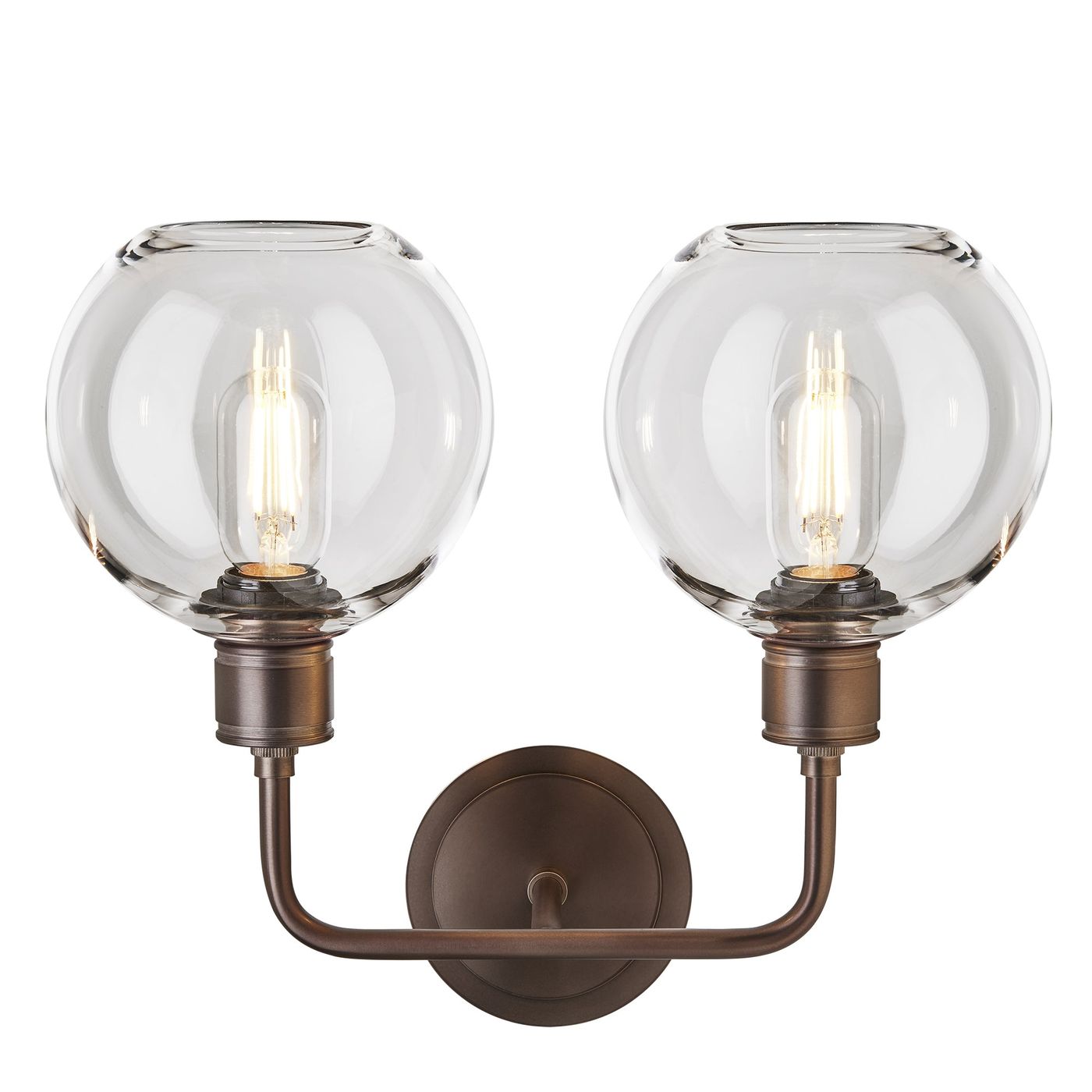Albany Glass Globe Double Wall Light - 7 Inch - Clear, featuring two round glass globes facing upwards with a bronze finish, front view