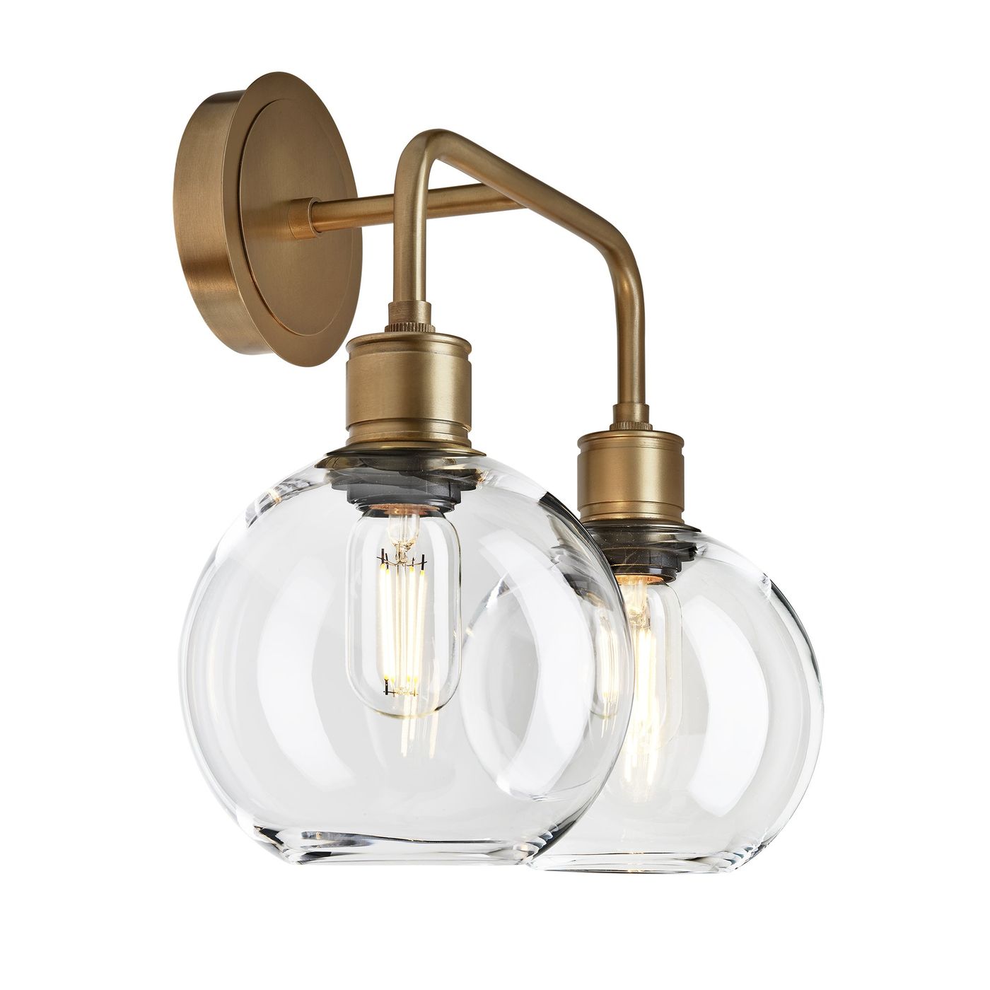 Albany Glass Globe Double Wall Light - 7 Inch - Clear, showcasing two clear glass globes with a brass finish, side view