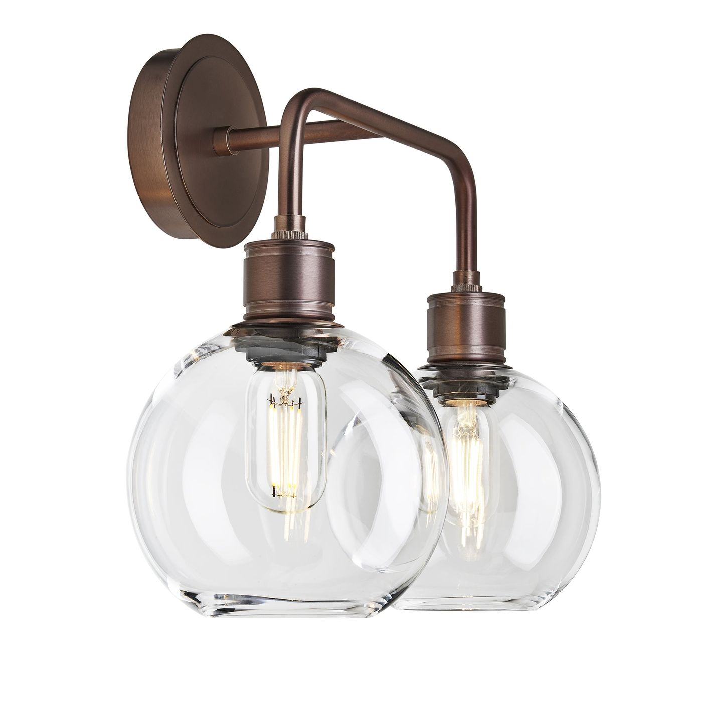 Albany Glass Globe Double Wall Light - 7 Inch - Clear, showcasing two clear glass globes with a bronze finish, side view