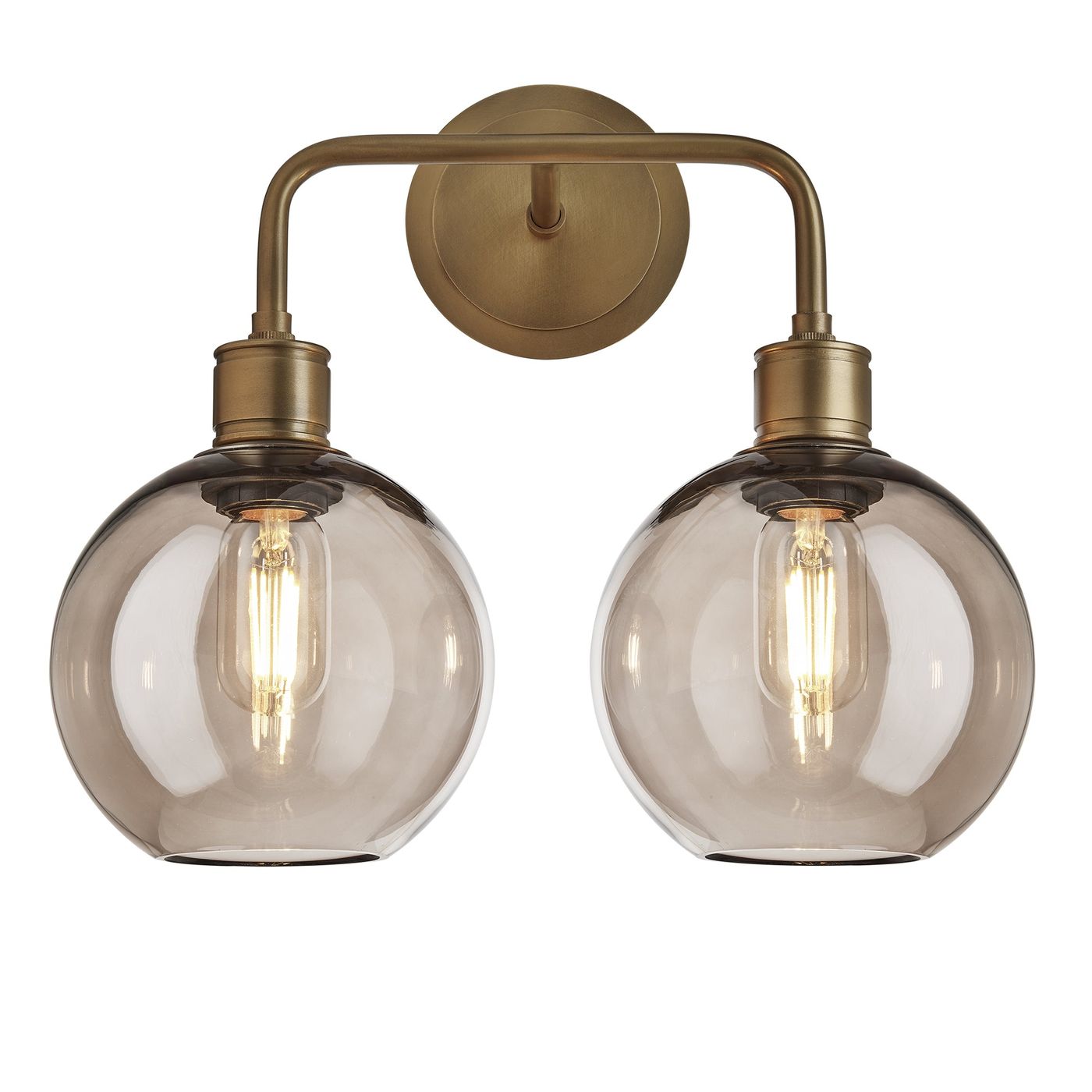 Albany Glass Globe Double Wall Light 7 Inch Mocha featuring two round glass globes with a brass finish front view