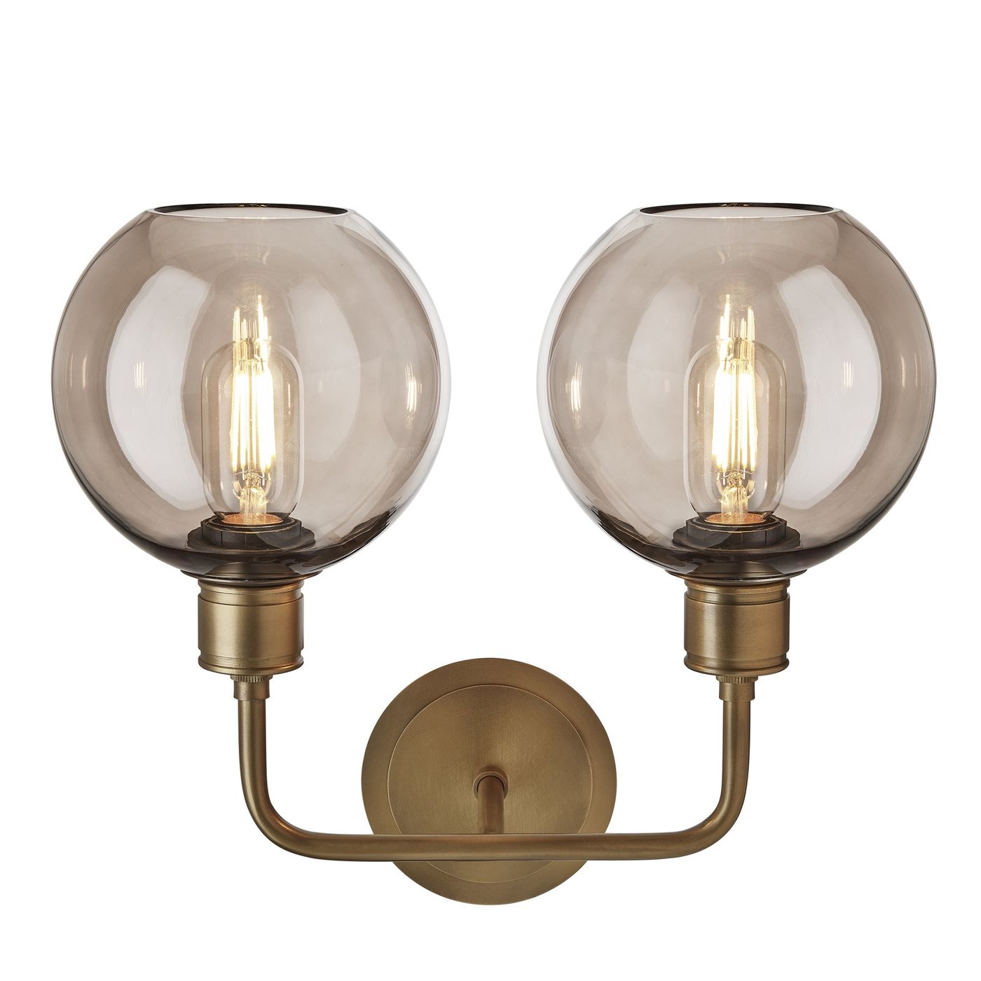 Albany Glass Globe Double Wall Light 7 Inch Mocha featuring two round mocha glass globes facing upwards with a brass finish in front view