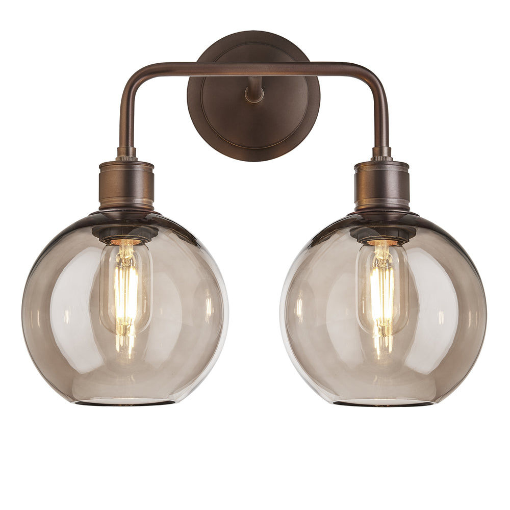 Albany Glass Globe Double Wall Light 7 Inch Mocha featuring two round mocha glass globes with a bronze finish front view