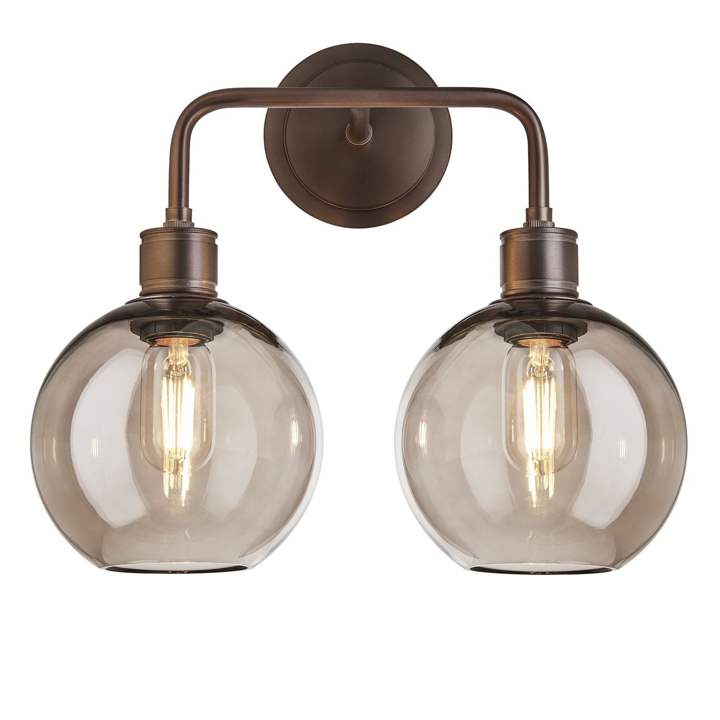 Albany Glass Globe Double Wall Light 7 Inch Mocha featuring two round mocha glass globes with a bronze finish front view