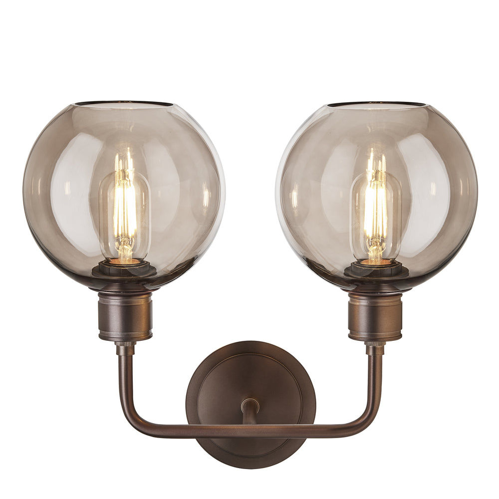 Albany Glass Globe Double Wall Light 7 Inch Mocha featuring two round mocha glass globes facing upwards with a bronze finish in front view