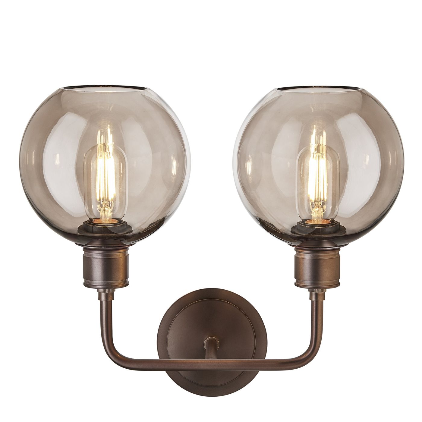 Albany Glass Globe Double Wall Light 7 Inch Mocha featuring two round mocha glass globes facing upwards with a bronze finish in front view